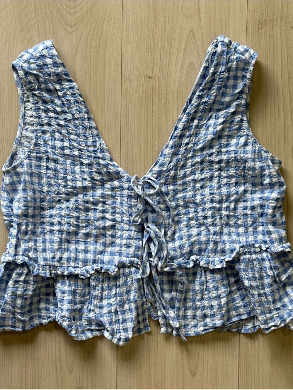 Zara Blue and White Gingham Ruffle Tie-Front Top